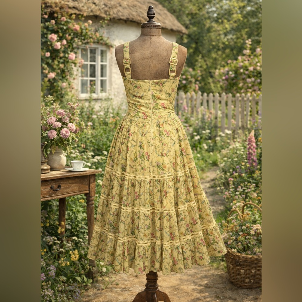 Kitten D’Amour Cottage Core, Fairy, Yellow Floral, Pink Lace Bow Dress - Picture 2 of 10